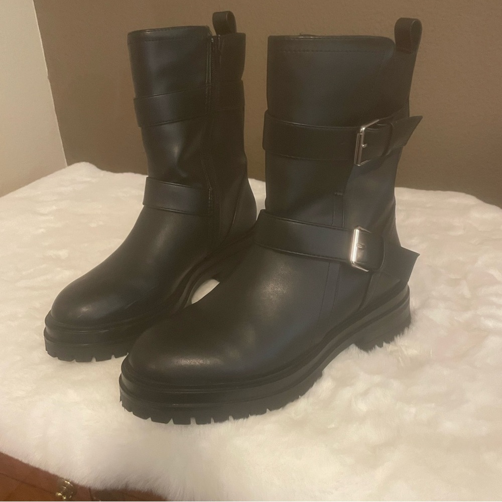 Black Leather combat moto Boots